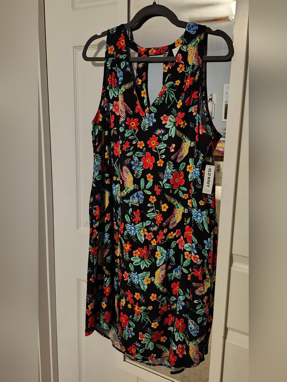 Old Navy Black Floral & Bird Knee-length Dress with Red, Blue, Green Accents